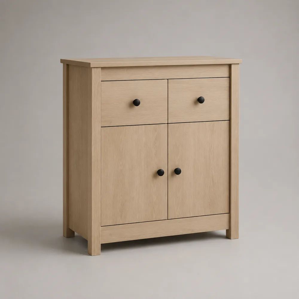 Buffet haut en panneaux de particules mélaminés, 2 portes et 2 tiroirs, chêne clair et noir, 80 × 35 × 100 cm