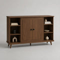 Buffet en bois brun foncé à 2 portes et 6 niches, pieds inclinés, 150 × 40 × 90 cm