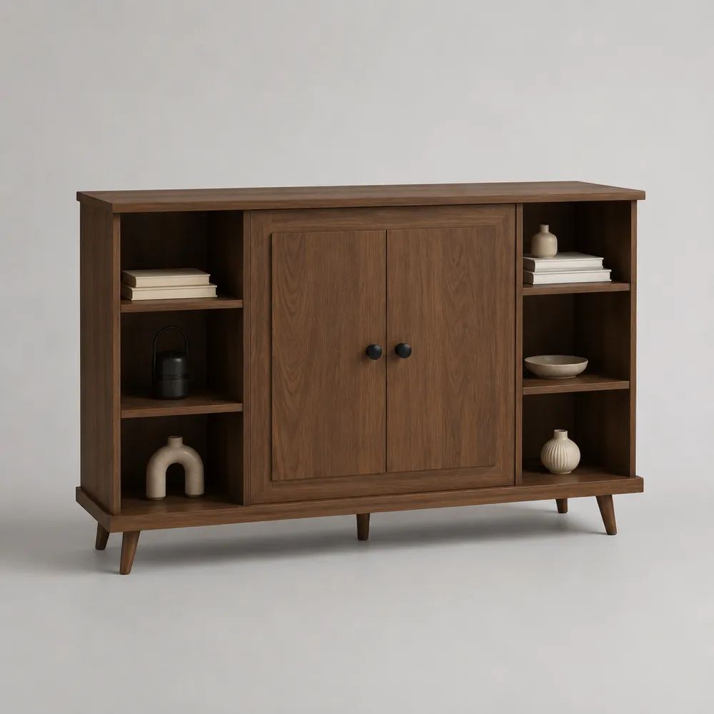 Buffet en bois brun foncé à 2 portes et 6 niches, pieds inclinés, 150 × 40 × 90 cm