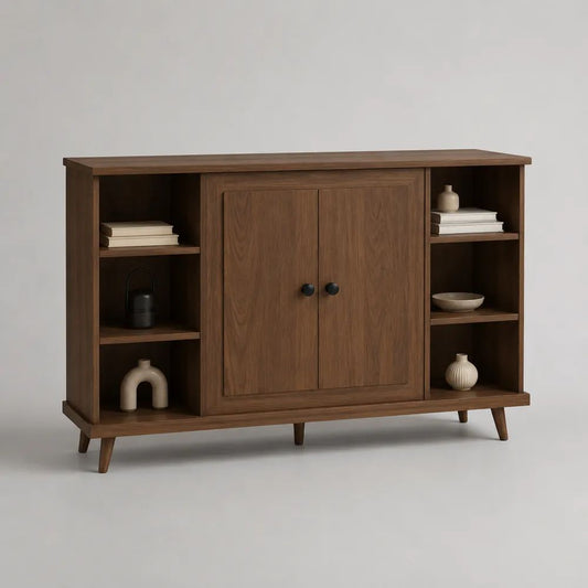 Buffet en bois brun foncé à 2 portes et 6 niches, pieds inclinés, 150 × 40 × 90 cm