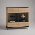 Buffet haut vitrine rectangulaire avec éclairage LED, MDF plaqué chêne clair, verre trempé et acier noir, 120 × 40 × 140 cm