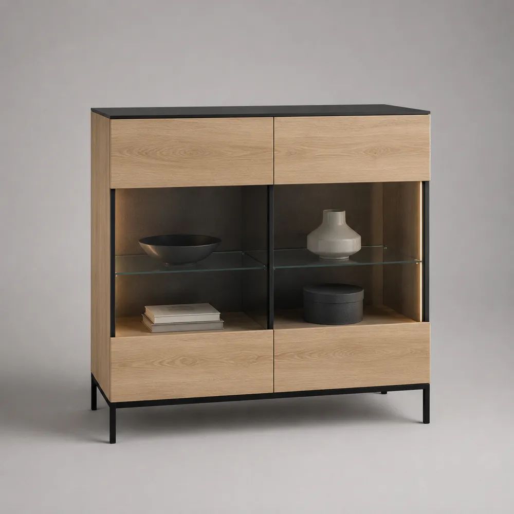 Buffet haut vitrine rectangulaire avec éclairage LED, MDF plaqué chêne clair, verre trempé et acier noir, 120 × 40 × 140 cm
