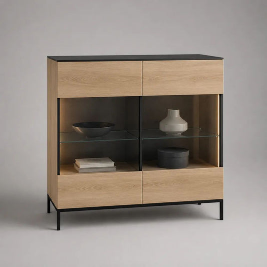 Buffet haut vitrine rectangulaire avec éclairage LED, MDF plaqué chêne clair, verre trempé et acier noir, 120 × 40 × 140 cm
