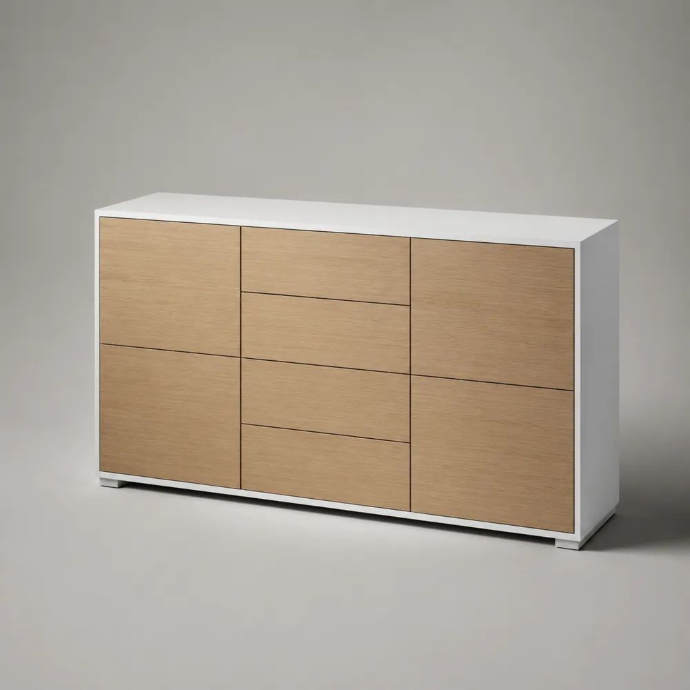 Buffet rectangulaire en bois à 4 portes et 4 tiroirs, blanc et chêne naturel, 150 × 40 × 85 cm