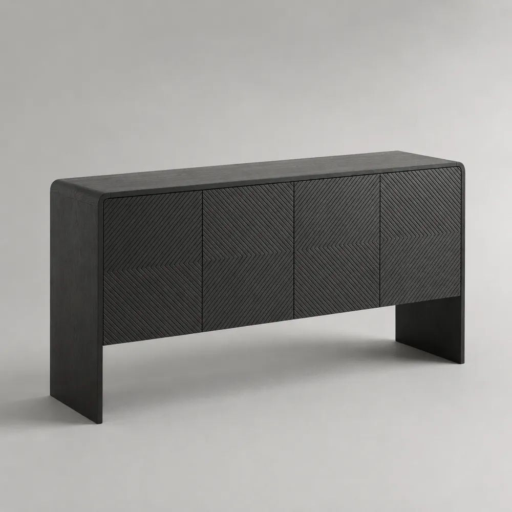 Buffet rectangulaire 4 portes en MDF plaqué frêne noir, 160 x 40 x 80 cm