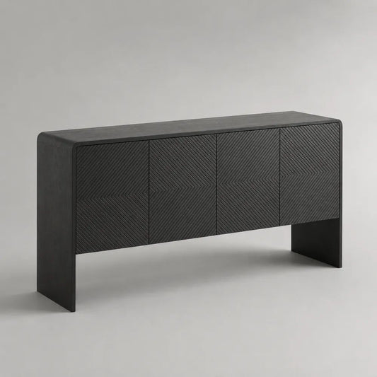 Buffet rectangulaire 4 portes en MDF plaqué frêne noir, 160 x 40 x 80 cm
