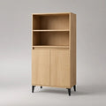 Buffet haut rectangulaire en bois et métal avec 2 portes et 2 niches, chêne naturel et noir, 90 × 40 × 180 cm