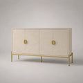 Buffet bas rectangulaire 4 portes en MDF et acier, blanc cassé et doré, 140 x 40 x 80 cm