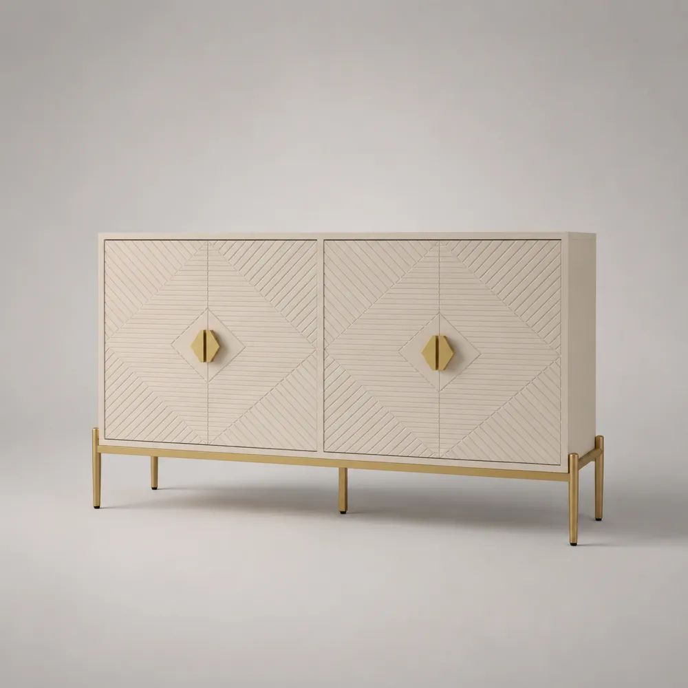 Buffet bas rectangulaire 4 portes en MDF et acier, blanc cassé et doré, 140 x 40 x 80 cm