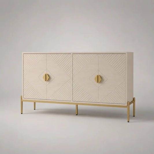 Buffet bas rectangulaire 4 portes en MDF et acier, blanc cassé et doré, 140 x 40 x 80 cm