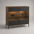 Buffet vitrine rectangulaire en MDF plaqué noyer, métal anthracite et verre, 120 × 40 × 130 cm
