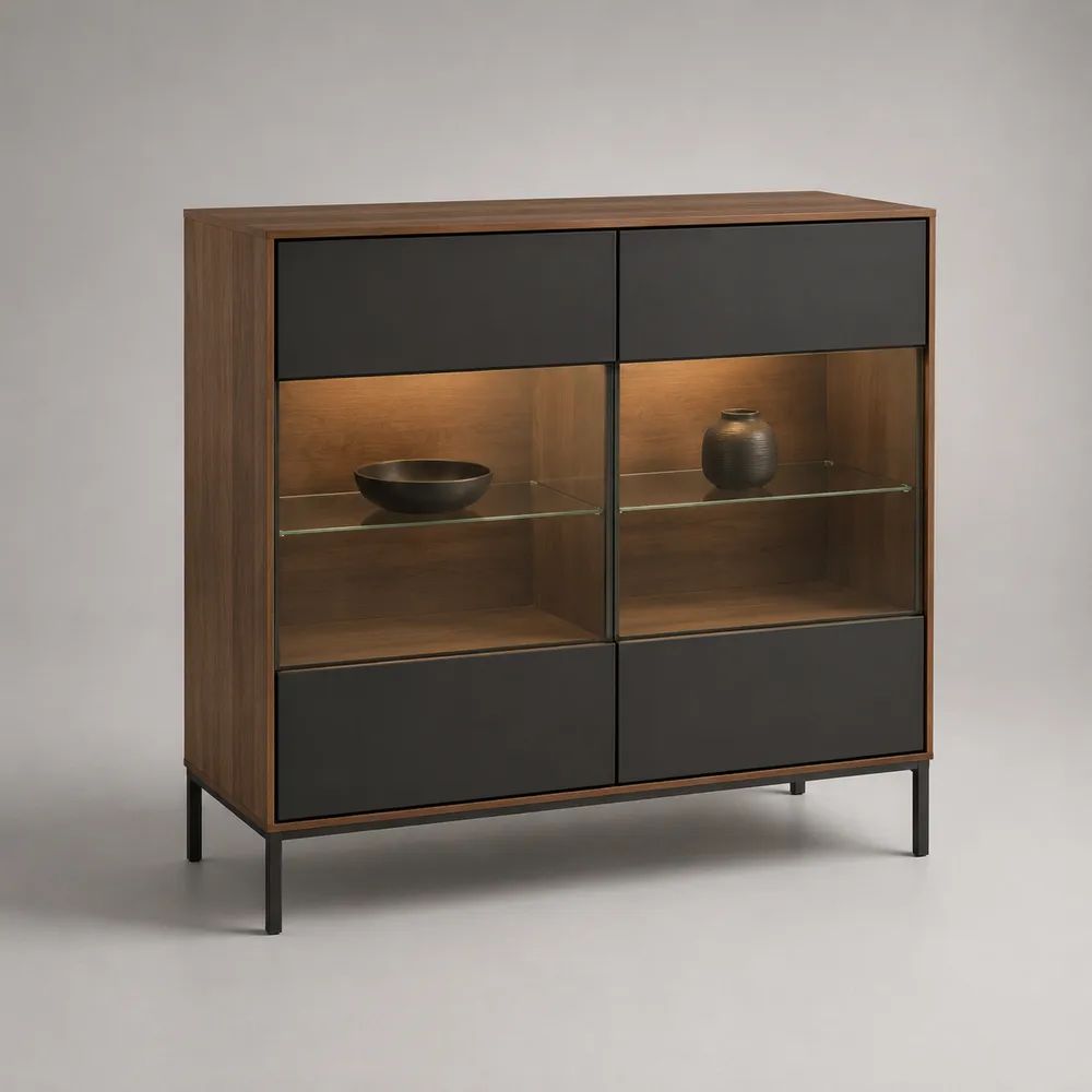 Buffet vitrine rectangulaire en MDF plaqué noyer, métal anthracite et verre, 120 × 40 × 130 cm