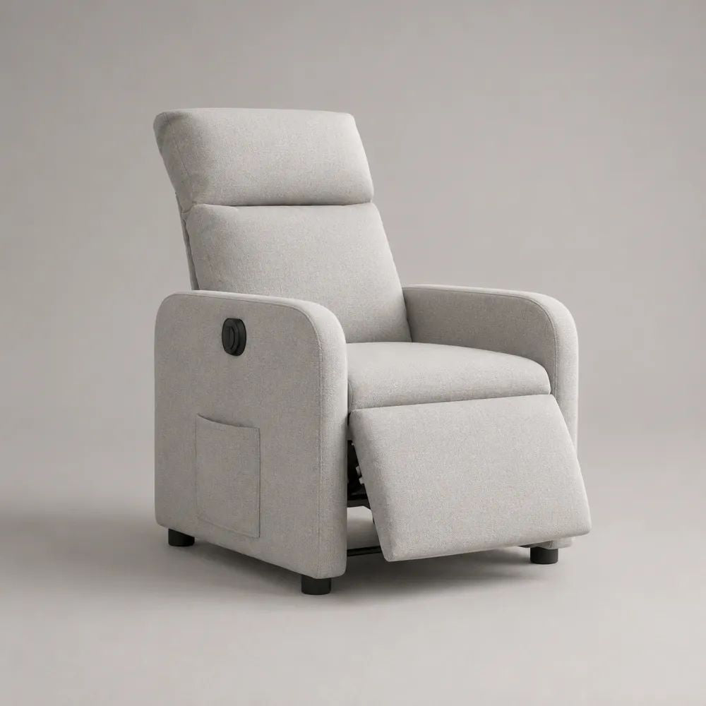 Fauteuil relax manuel à dossier haut en tissu et métal blanc cassé, 72 × 90 × 105 cm