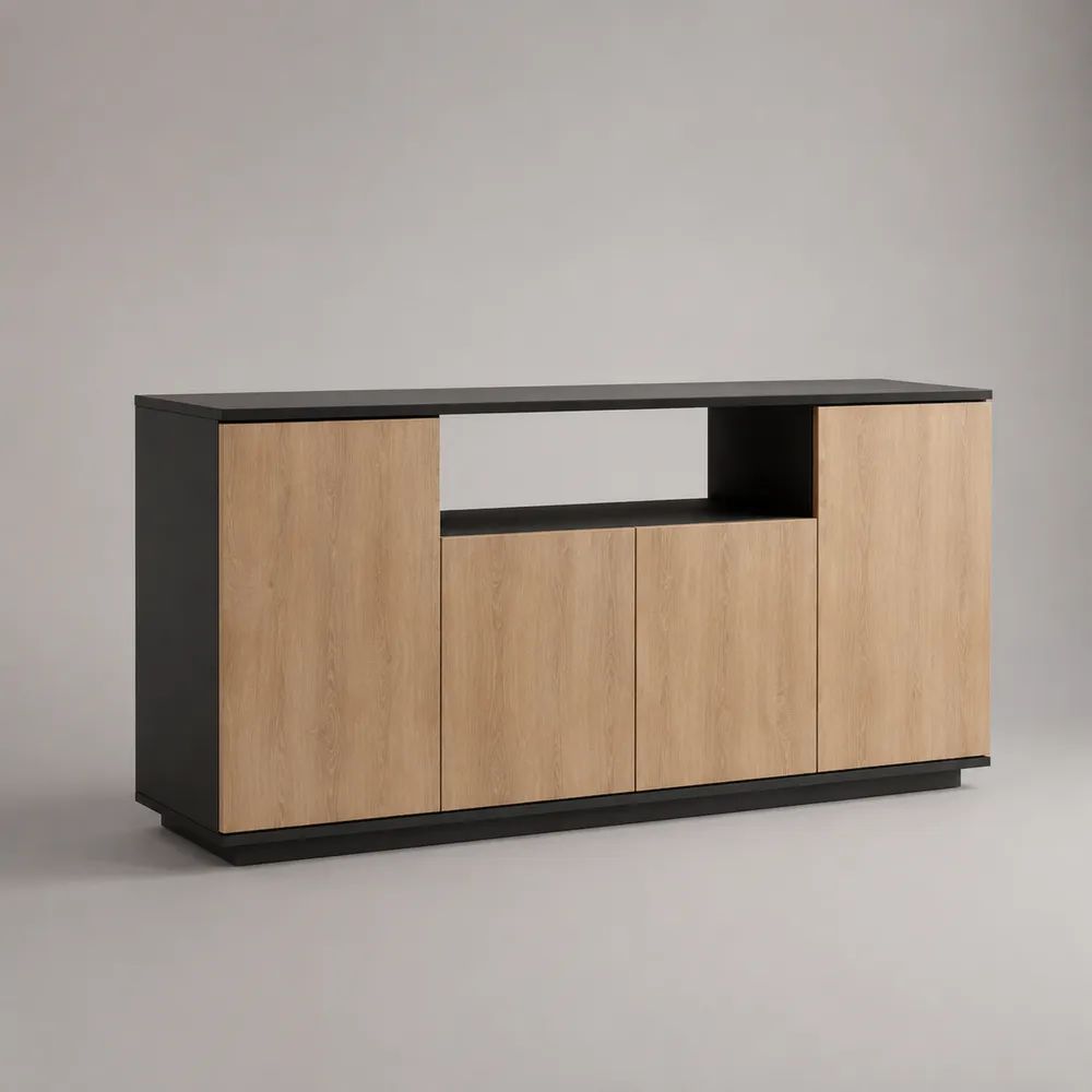 Buffet rectangulaire 4 portes en panneaux de particules beige naturel et noir, 160 × 40 × 85 cm