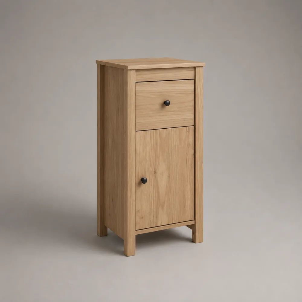 Buffet haut étroit en MDF plaqué chêne avec 1 tiroir et 1 porte, chêne naturel et noir, 40 × 35 × 90 cm