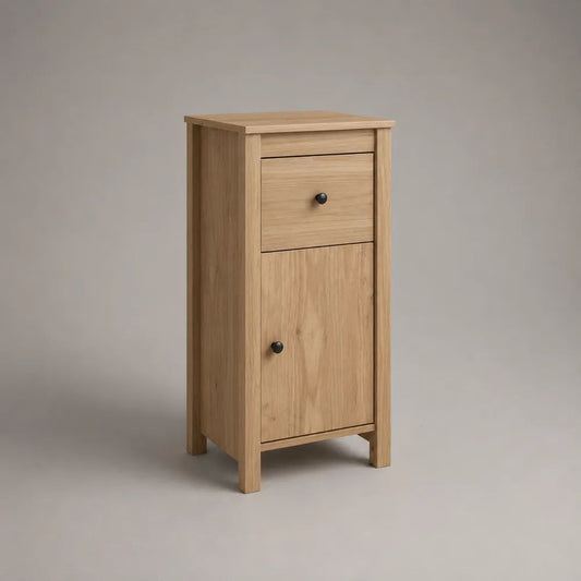 Buffet haut étroit en MDF plaqué chêne avec 1 tiroir et 1 porte, chêne naturel et noir, 40 × 35 × 90 cm
