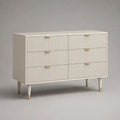 Buffet rectangulaire 6 tiroirs en MDF rainuré blanc cassé et doré, 120 × 40 × 90 cm