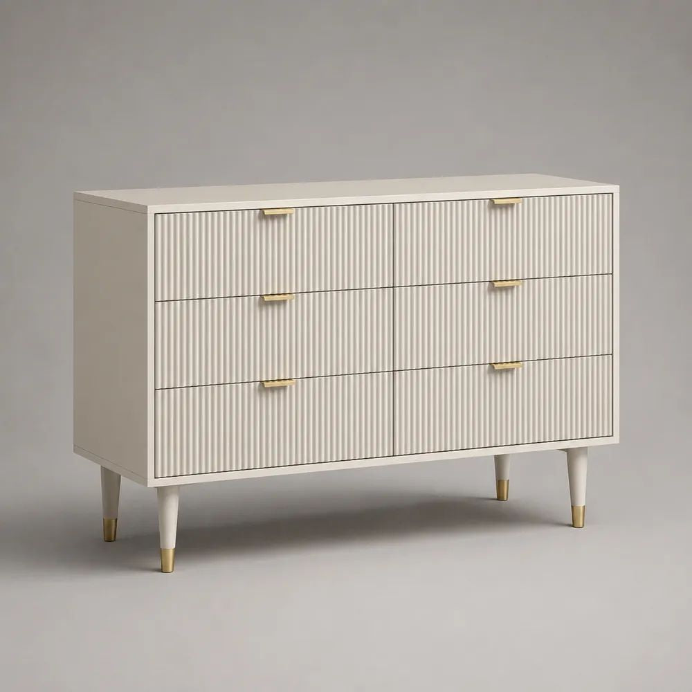 Buffet rectangulaire 6 tiroirs en MDF rainuré blanc cassé et doré, 120 × 40 × 90 cm