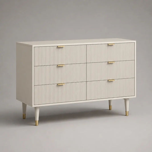 Buffet rectangulaire 6 tiroirs en MDF rainuré blanc cassé et doré, 120 × 40 × 90 cm