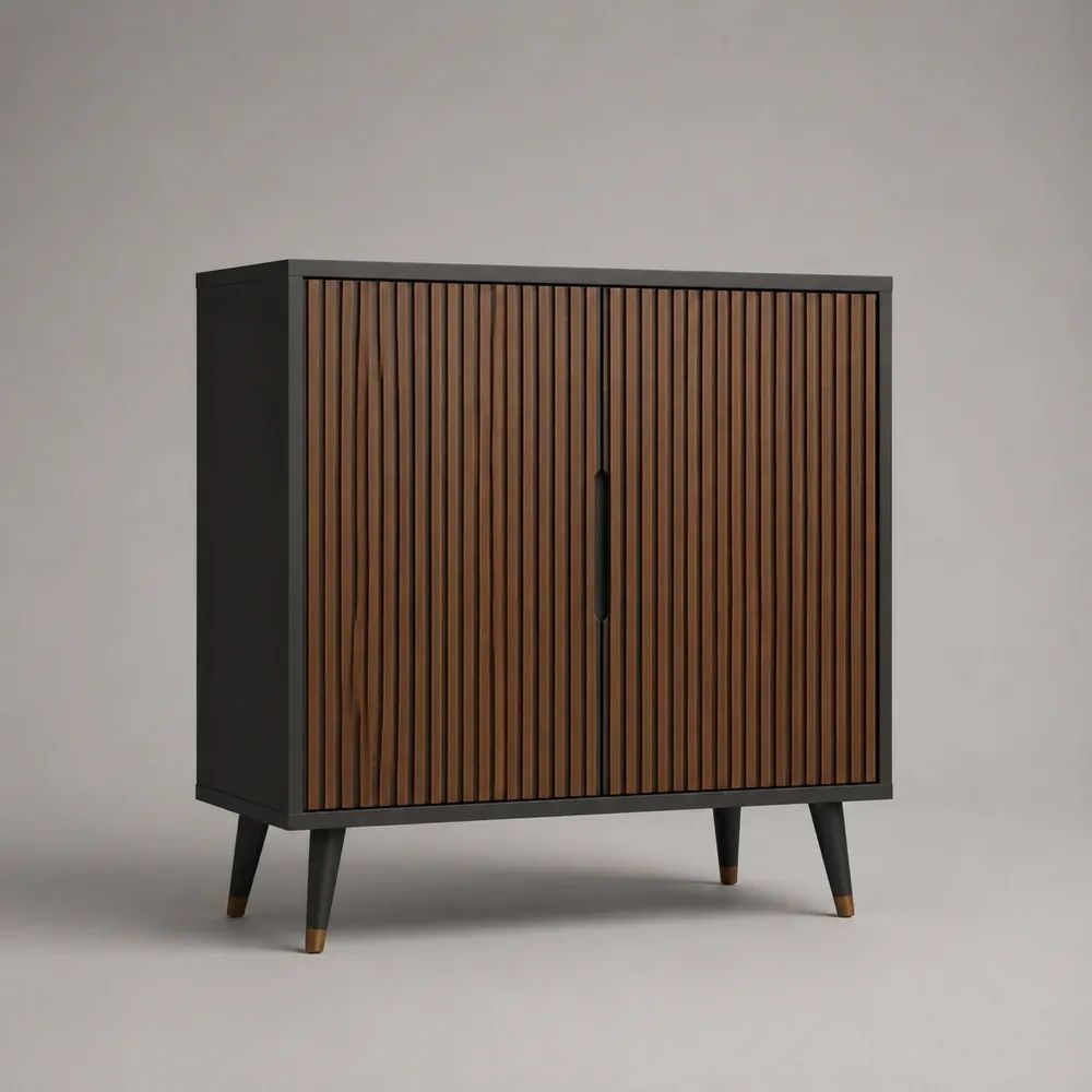 Buffet rectangulaire à 2 portes en bois et métal, brun noyer, noir et doré, 100 × 40 × 110 cm