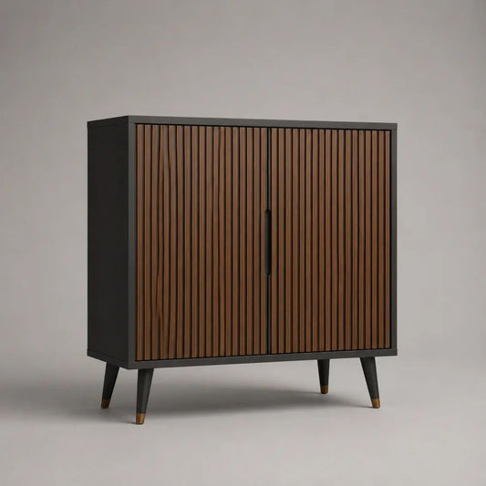 Buffet rectangulaire à 2 portes en bois et métal, brun noyer, noir et doré, 100 × 40 × 110 cm