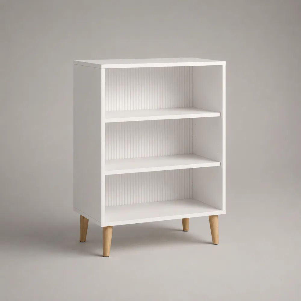 Buffet ouvert à 3 niveaux en MDF mélaminé blanc avec pieds en hévéa massif, 70 × 35 × 100 cm
