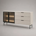 Buffet rectangulaire en bois, métal et verre cannelé, 3 tiroirs et 2 portes, blanc cassé, noir et brun fumé, 160 × 40 × 80 cm