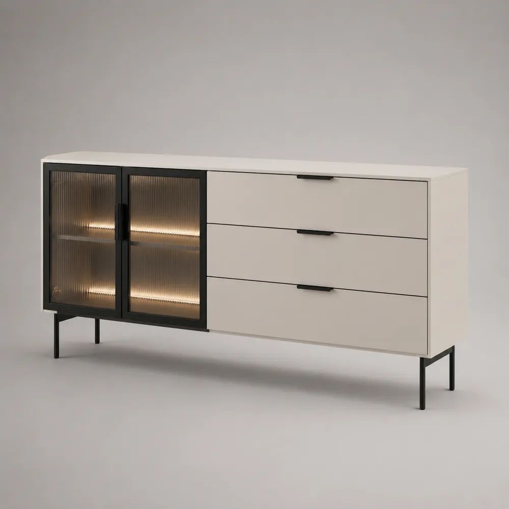 Buffet rectangulaire en bois, métal et verre cannelé, 3 tiroirs et 2 portes, blanc cassé, noir et brun fumé, 160 × 40 × 80 cm