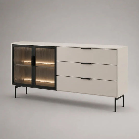 Buffet rectangulaire en bois, métal et verre cannelé, 3 tiroirs et 2 portes, blanc cassé, noir et brun fumé, 160 × 40 × 80 cm