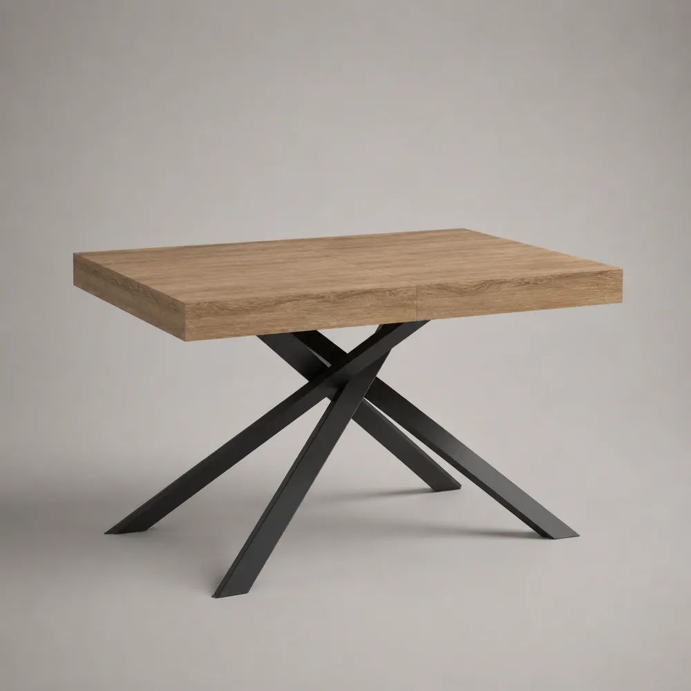 Table à manger rectangulaire avec plateau effet chêne et piètement croisé en acier noir, 120 × 80 × 76 cm