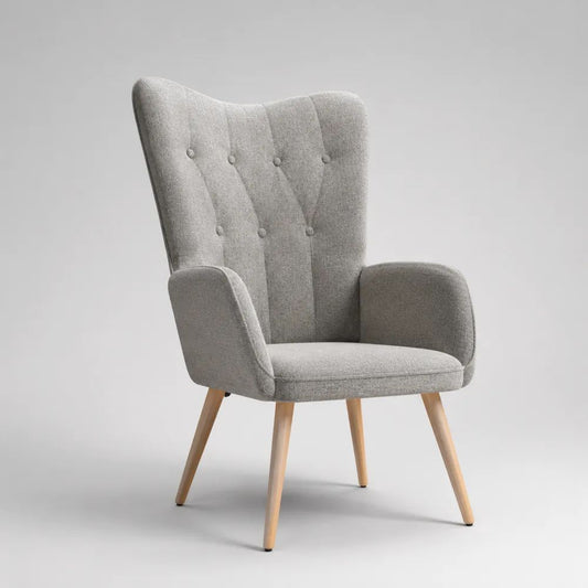 Fauteuil à oreilles gris clair en polyester avec pieds beige naturel en hévéa massif, 75 × 82 × 101 cm