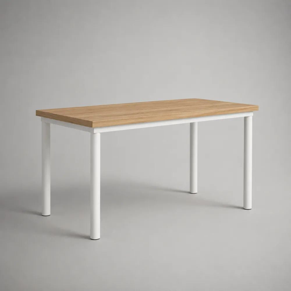 Table à manger rectangulaire 4 personnes, plateau en panneau mélaminé effet chêne, pieds en acier blanc, 120 × 70 × 75 cm