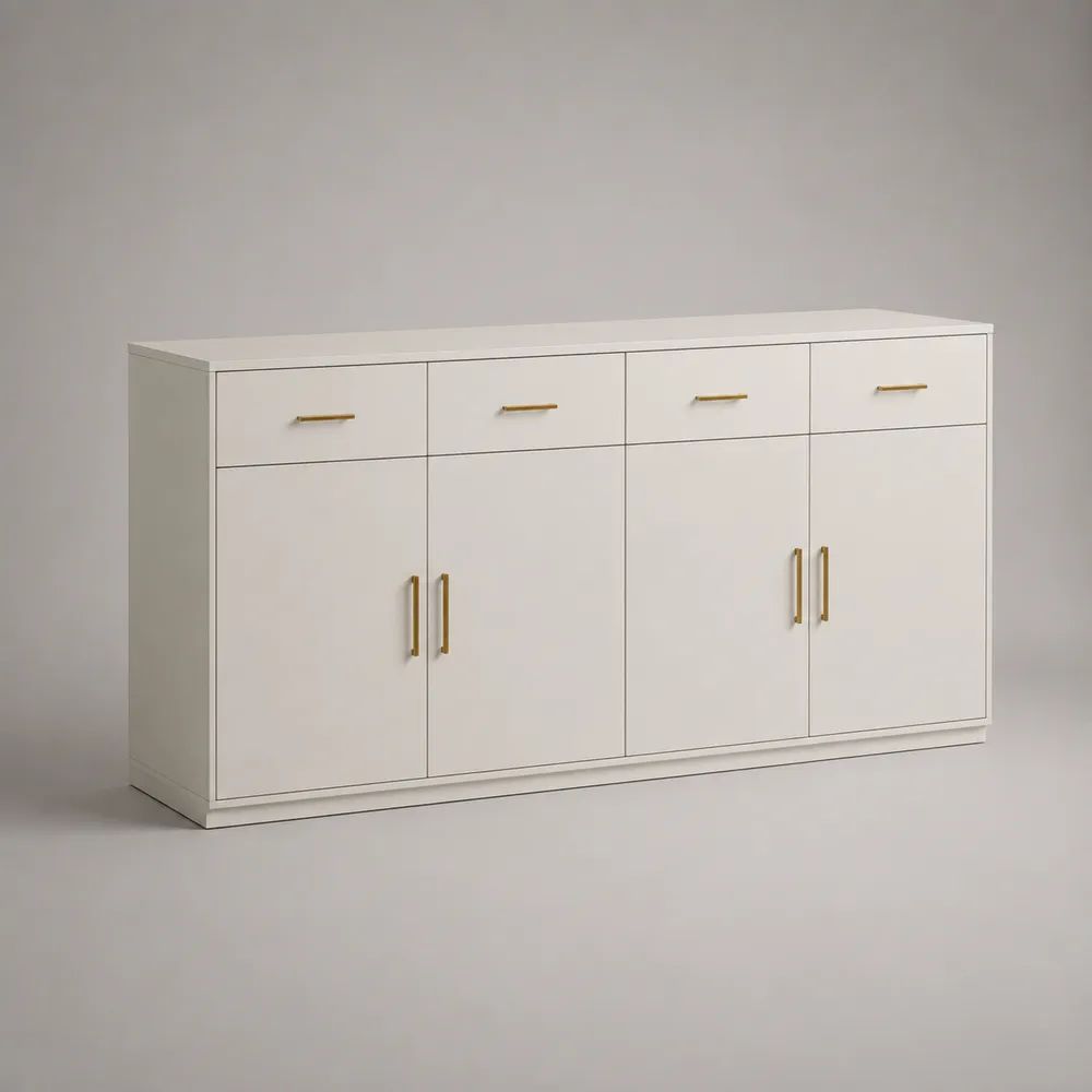 Buffet rectangulaire en panneaux de particules, 4 portes et 4 tiroirs, blanc et doré, 160 × 40 × 85 cm