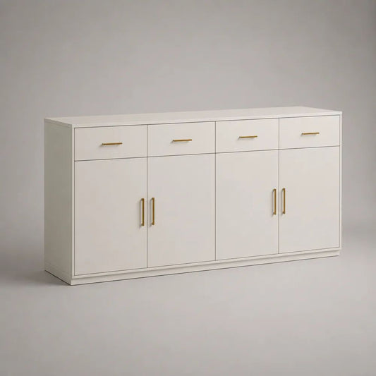 Buffet rectangulaire en panneaux de particules, 4 portes et 4 tiroirs, blanc et doré, 160 × 40 × 85 cm