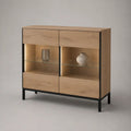 Buffet haut vitrine rectangulaire 4 portes en MDF plaqué chêne, verre trempé et acier noir avec éclairage LED, 120 × 40 × 130 cm