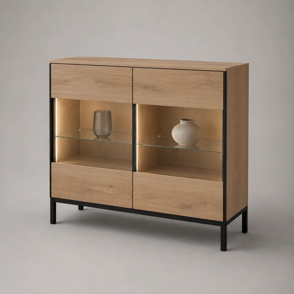 Buffet haut vitrine rectangulaire 4 portes en MDF plaqué chêne, verre trempé et acier noir avec éclairage LED, 120 × 40 × 130 cm