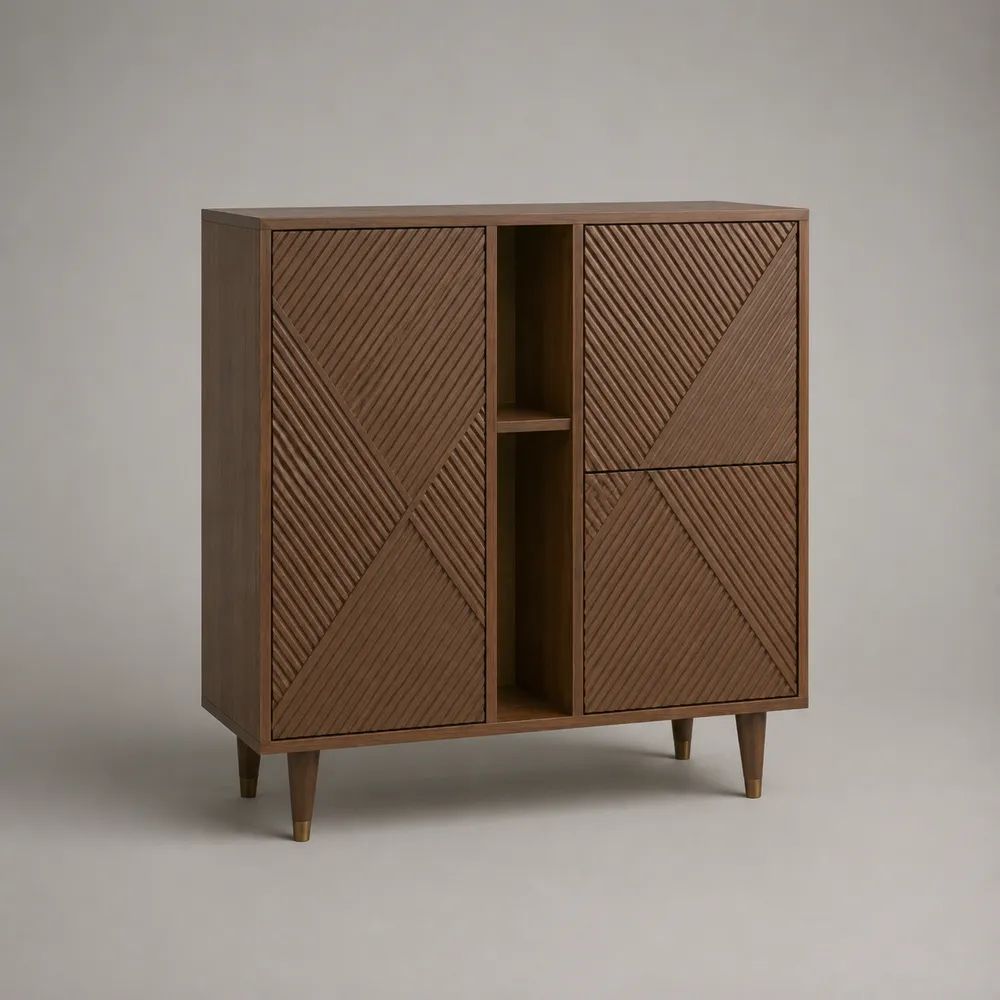Buffet haut rectangulaire en bois, brun noyer et laiton, 3 portes, 2 niches, 100 × 40 × 120 cm