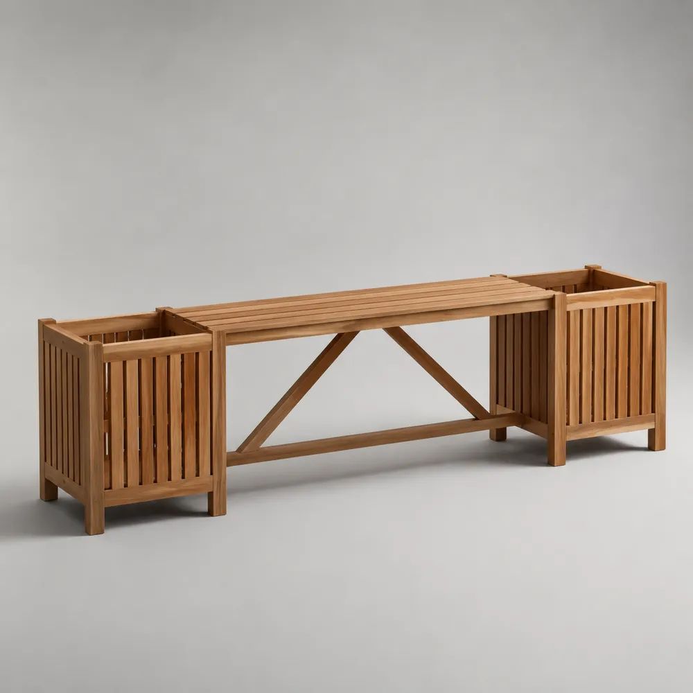 Banc de jardin en bois brun avec 2 jardinières intégrées, 180 × 40 × 45 cm