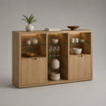 Buffet-vaisselier rectangulaire en bois et verre avec éclairage LED, chêne naturel, 150 × 40 × 100 cm