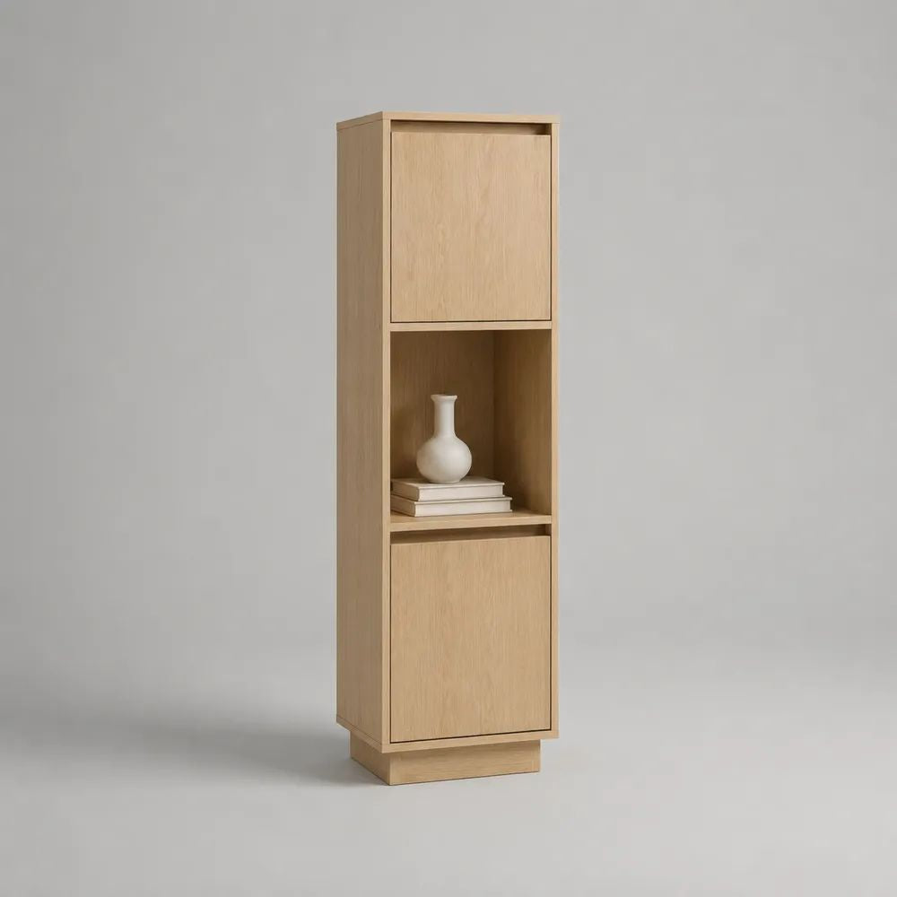 Buffet haut étroit en bois avec 2 portes et niche ouverte, chêne clair, 40 × 35 × 150 cm