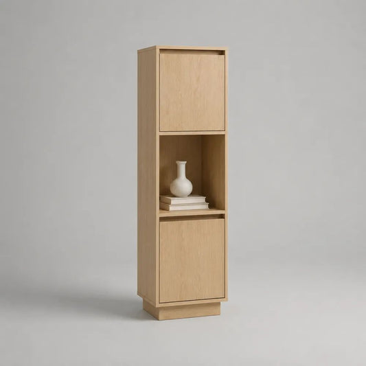 Buffet haut étroit en bois avec 2 portes et niche ouverte, chêne clair, 40 × 35 × 150 cm