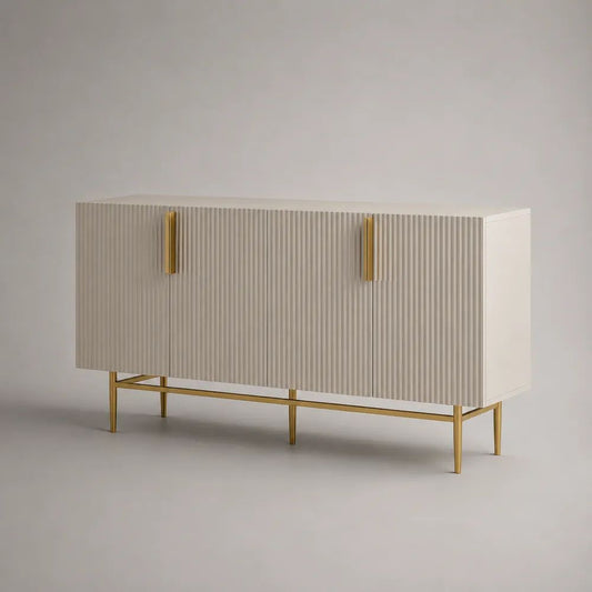 Buffet rectangulaire 2 portes en MDF rainuré blanc cassé et métal doré, 140 × 40 × 80 cm