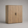Buffet haut rectangulaire à 2 portes en panneaux de particules, effet chêne naturel et poignées noires, 120 × 40 × 150 cm
