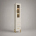 Colonne de rangement rectangulaire en MDF et verre, 1 porte et 3 tiroirs, blanc, doré et brun fumé, 40 × 35 × 180 cm
