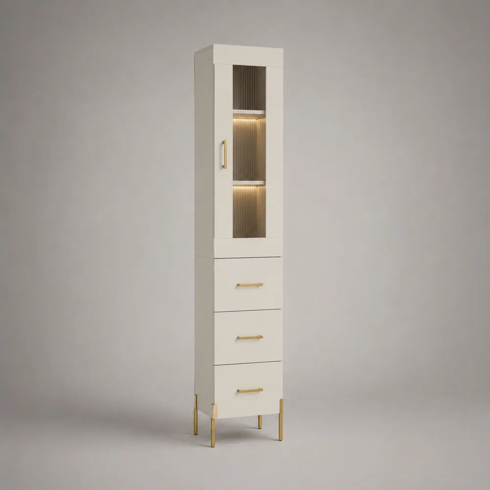 Colonne de rangement rectangulaire en MDF et verre, 1 porte et 3 tiroirs, blanc, doré et brun fumé, 40 × 35 × 180 cm