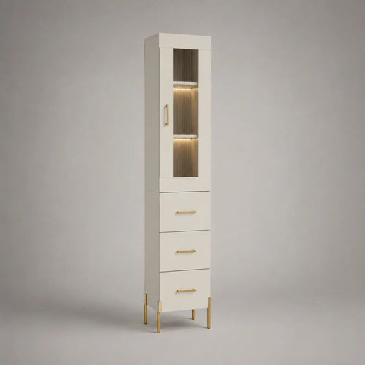 Colonne de rangement rectangulaire en MDF et verre, 1 porte et 3 tiroirs, blanc, doré et brun fumé, 40 × 35 × 180 cm