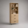 Buffet haut en bois avec 3 tiroirs, 3 niches et pieds en métal, chêne naturel et noir, 60 × 40 × 180 cm