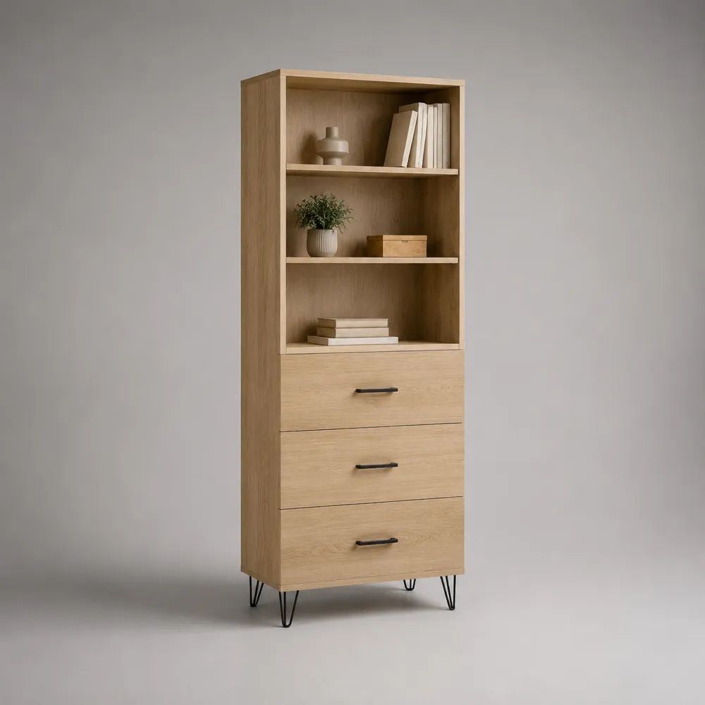 Buffet haut en bois avec 3 tiroirs, 3 niches et pieds en métal, chêne naturel et noir, 60 × 40 × 180 cm