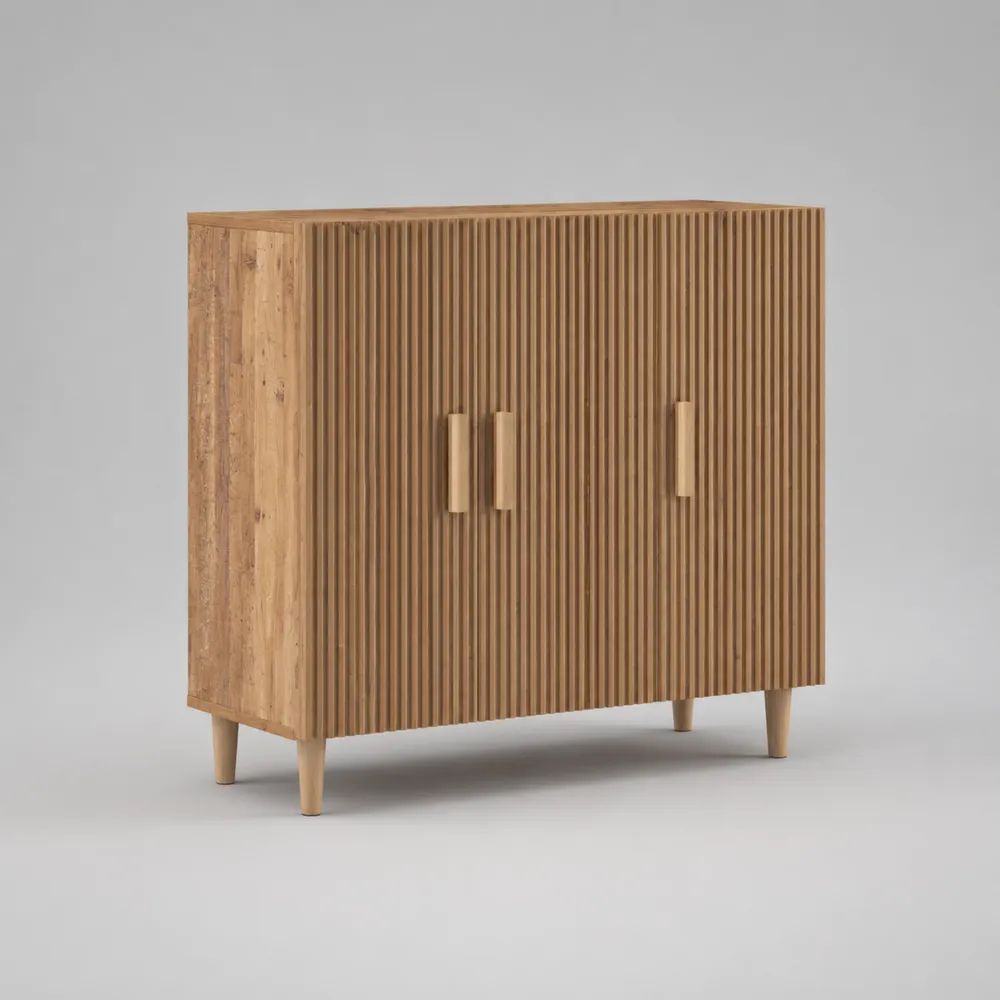 Buffet 3 portes en manguier massif rainuré, brun naturel, 120 × 40 × 100 cm