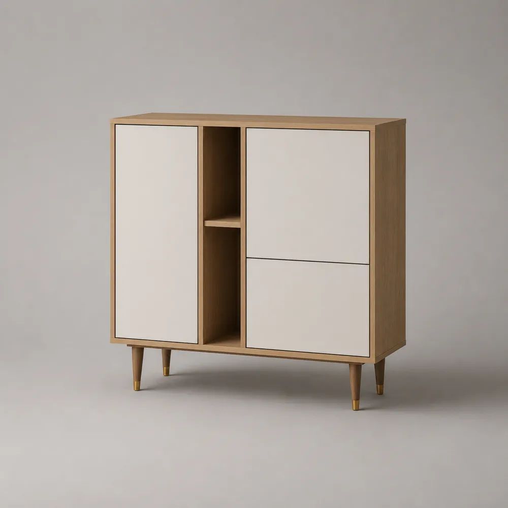 Buffet haut rectangulaire en MDF avec 1 porte, 2 tiroirs et 2 niches, chêne naturel et blanc mat, 120 × 40 × 120 cm